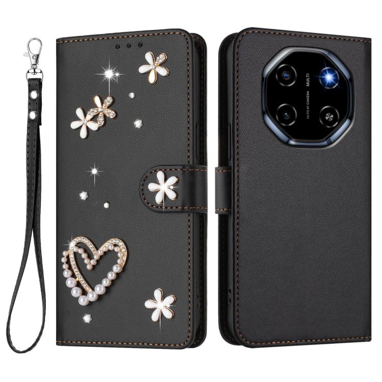 For Blackview Shark 6 ZS01 Double-Layer Heart Floral Vegan Leather Phone Case with Wrist Strap
