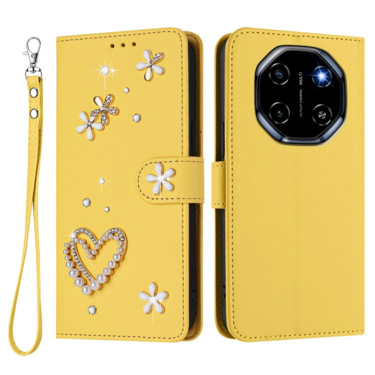 For Blackview Shark 6 ZS01 Double-Layer Heart Floral Vegan Leather Phone Case with Wrist Strap