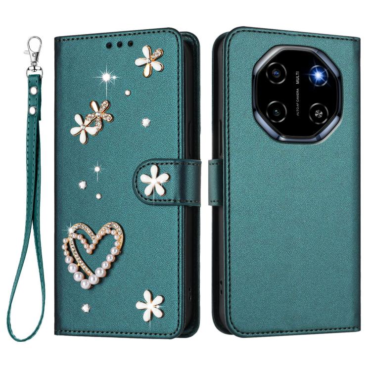 For Blackview Shark 6 ZS01 Double-Layer Heart Floral Vegan Leather Phone Case with Wrist Strap