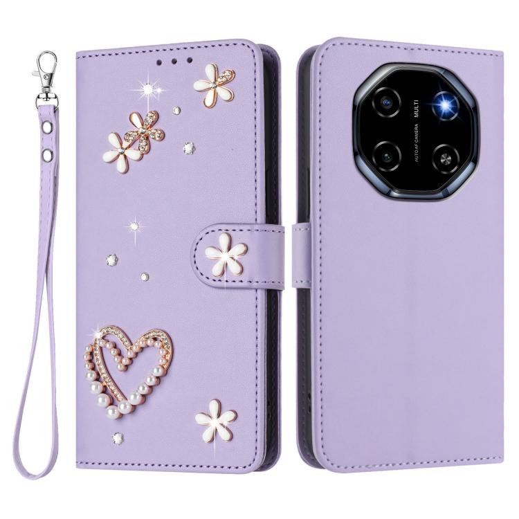 For Blackview Shark 6 ZS01 Double-Layer Heart Floral Vegan Leather Phone Case with Wrist Strap