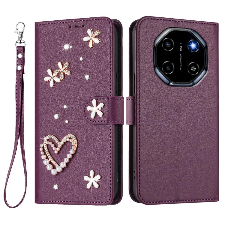For Blackview Shark 6 ZS01 Double-Layer Heart Floral Vegan Leather Phone Case with Wrist Strap