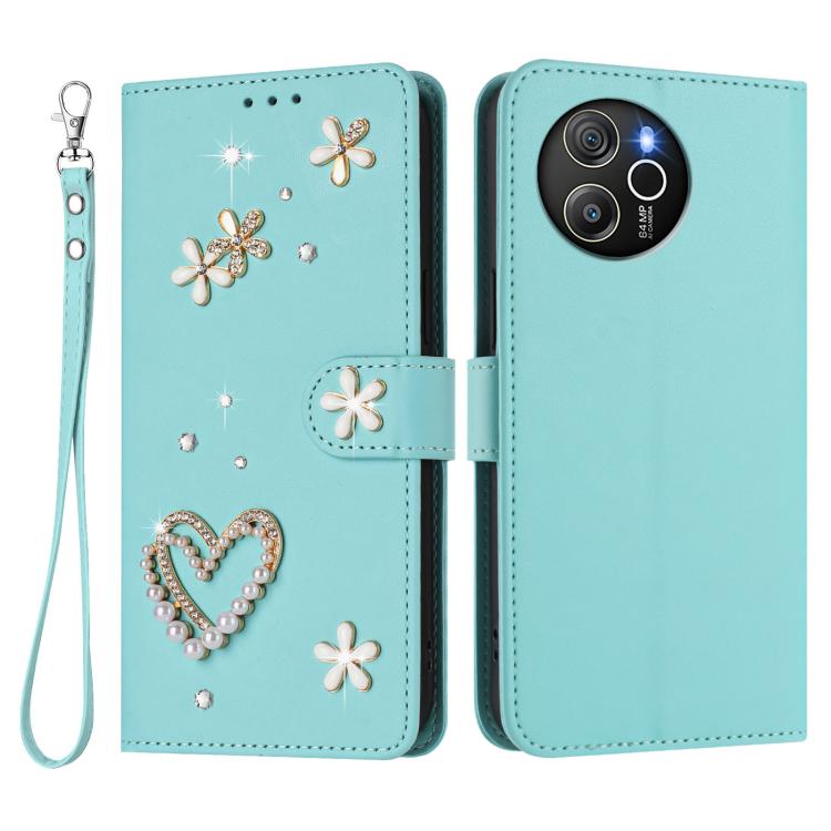 For Blackview Shark 8 / Oscal Tiger 12 ZS01 Double-Layer Heart Floral Vegan Leather Phone Case with Wrist Strap