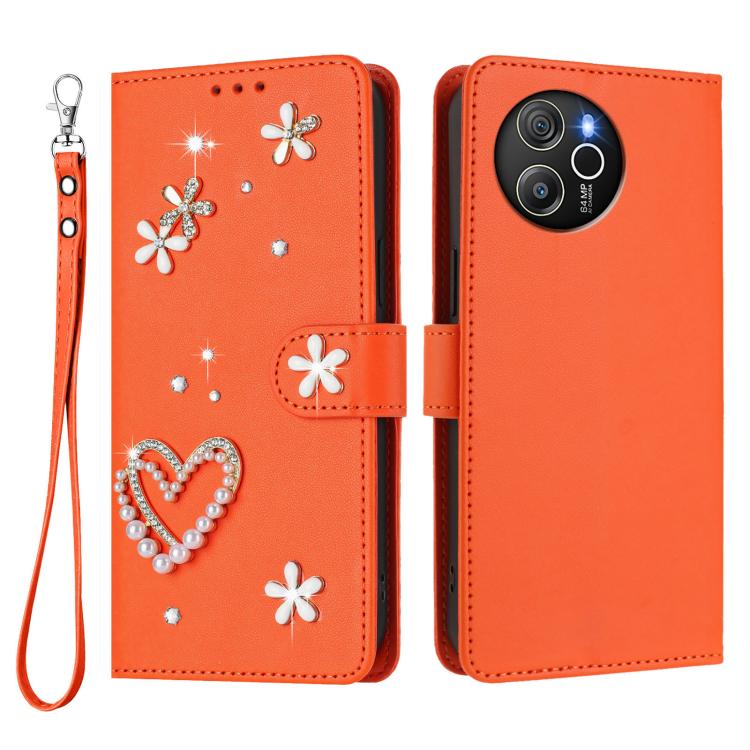 For Blackview Shark 8 / Oscal Tiger 12 ZS01 Double-Layer Heart Floral Vegan Leather Phone Case with Wrist Strap