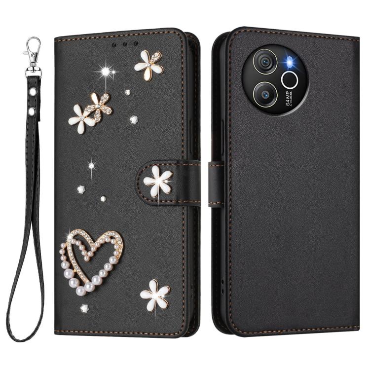 For Blackview Shark 8 / Oscal Tiger 12 ZS01 Double-Layer Heart Floral Vegan Leather Phone Case with Wrist Strap