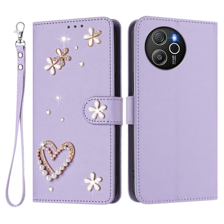 For Blackview Shark 8 / Oscal Tiger 12 ZS01 Double-Layer Heart Floral Vegan Leather Phone Case with Wrist Strap