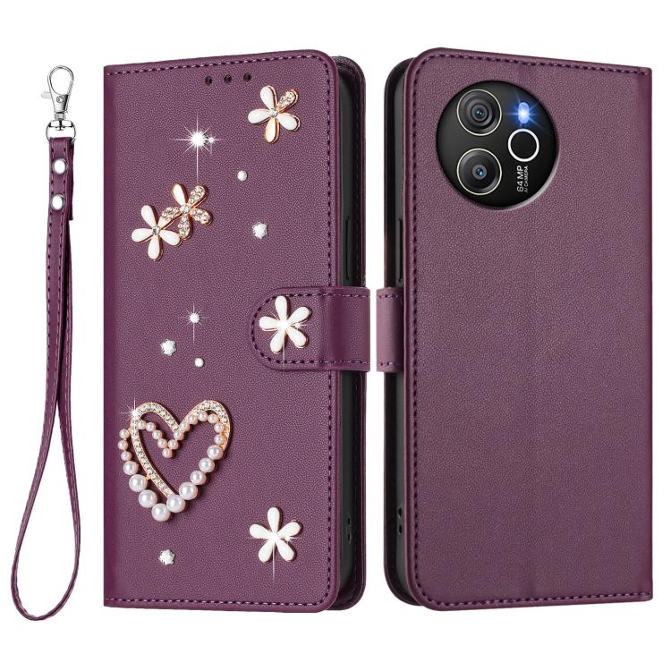 For Blackview Shark 8 / Oscal Tiger 12 ZS01 Double-Layer Heart Floral Vegan Leather Phone Case with Wrist Strap