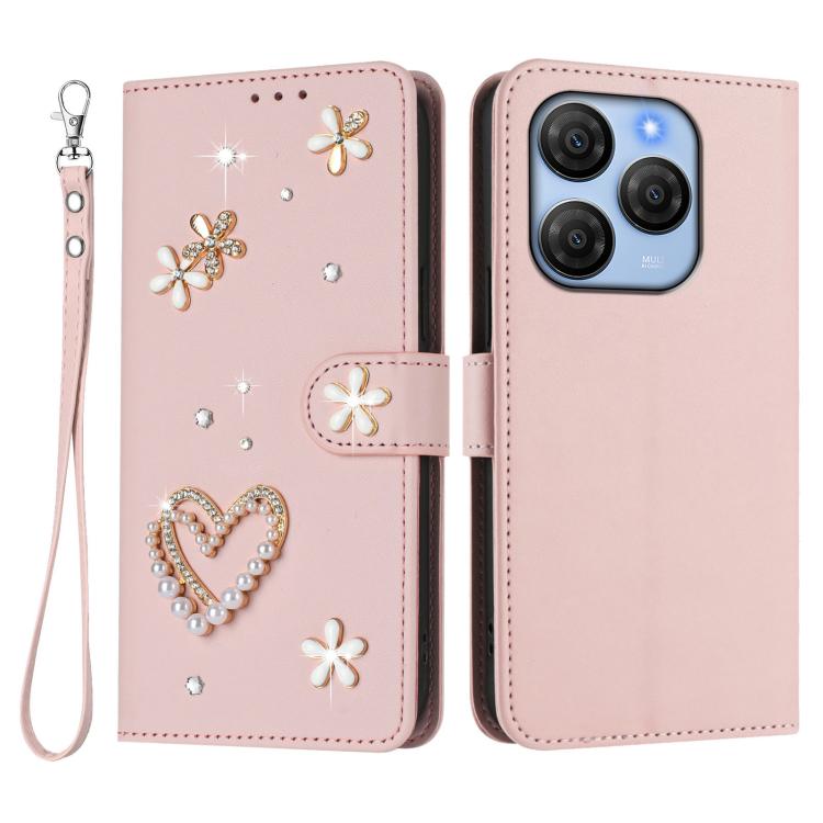 For Blackview Shark 9 ZS01 Double-Layer Heart Floral Vegan Leather Phone Case with Wrist Strap