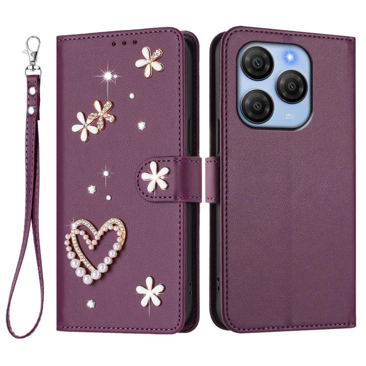 For Blackview Shark 9 ZS01 Double-Layer Heart Floral Vegan Leather Phone Case with Wrist Strap