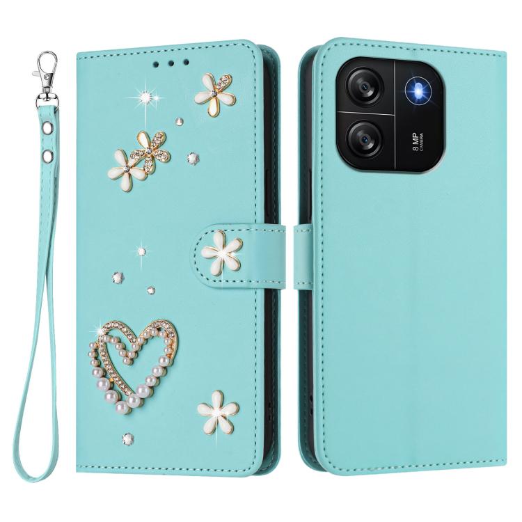 For Blackview Wave 6C ZS01 Double-Layer Heart Floral Vegan Leather Phone Case with Wrist Strap