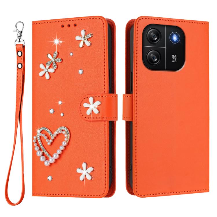 For Blackview Wave 6C ZS01 Double-Layer Heart Floral Vegan Leather Phone Case with Wrist Strap