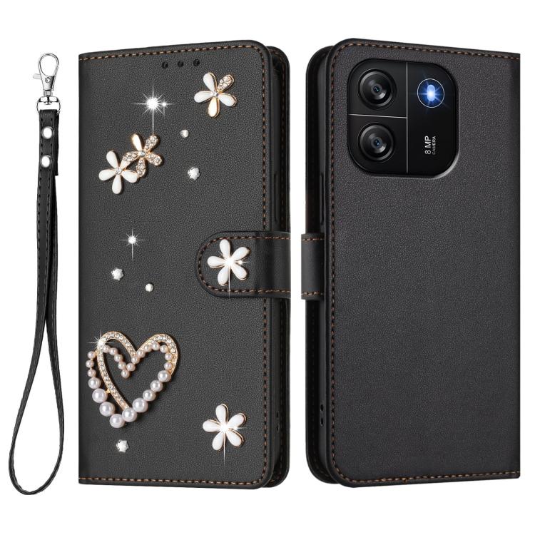 For Blackview Wave 6C ZS01 Double-Layer Heart Floral Vegan Leather Phone Case with Wrist Strap