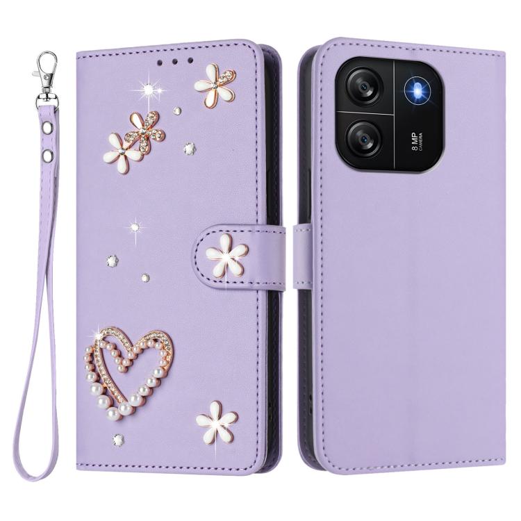 For Blackview Wave 6C ZS01 Double-Layer Heart Floral Vegan Leather Phone Case with Wrist Strap