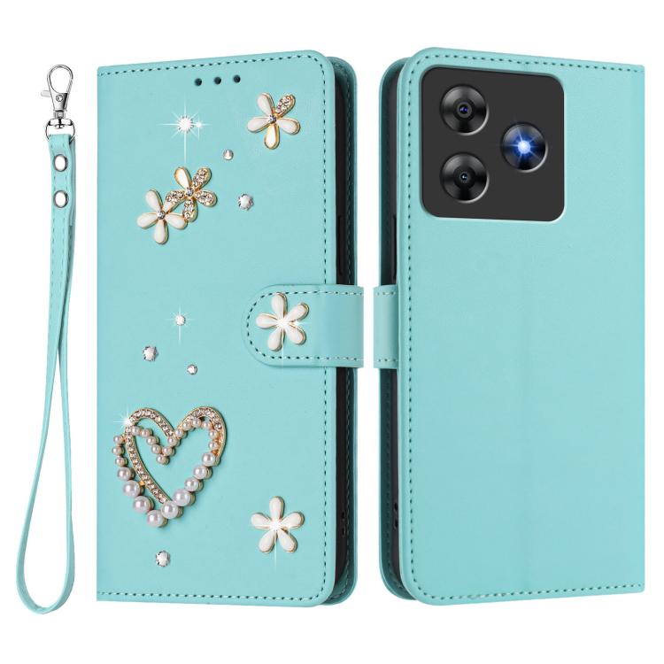 For Blackview Wave 8 / 8C ZS01 Double-Layer Heart Floral Vegan Leather Phone Case with Wrist Strap