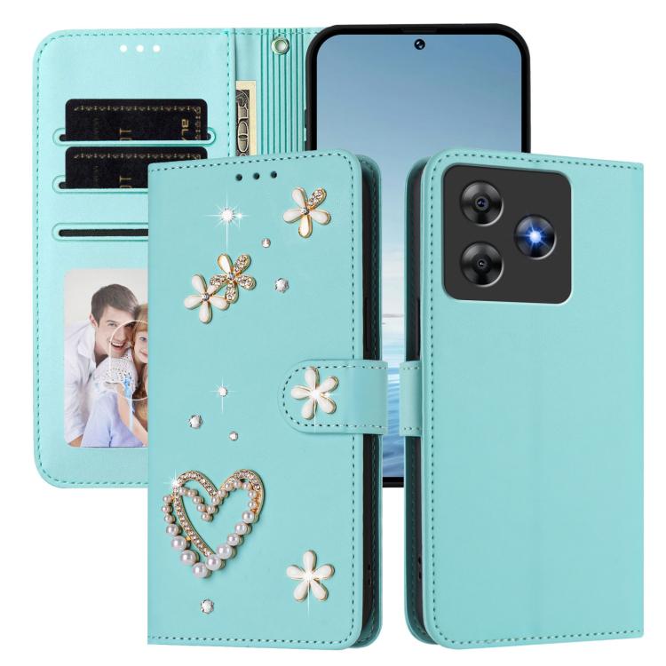 For Blackview Wave 8 / 8C ZS01 Double-Layer Heart Floral Vegan Leather Phone Case with Wrist Strap