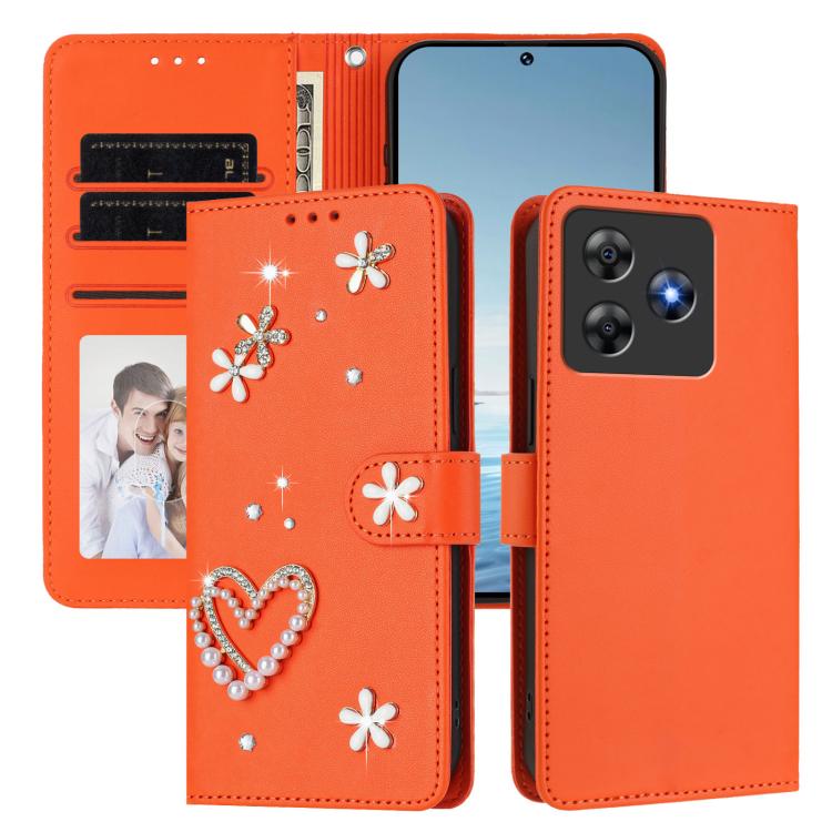 For Blackview Wave 8 / 8C ZS01 Double-Layer Heart Floral Vegan Leather Phone Case with Wrist Strap