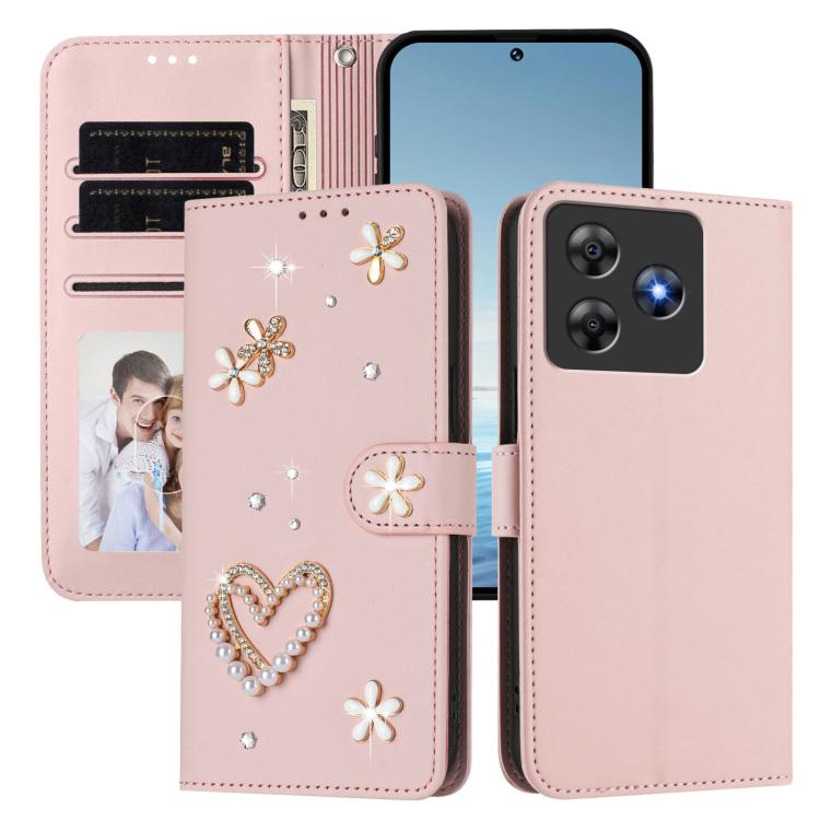 For Blackview Wave 8 / 8C ZS01 Double-Layer Heart Floral Vegan Leather Phone Case with Wrist Strap