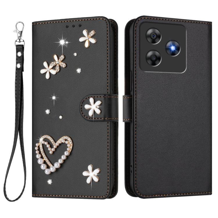 For Blackview Wave 8 / 8C ZS01 Double-Layer Heart Floral Vegan Leather Phone Case with Wrist Strap