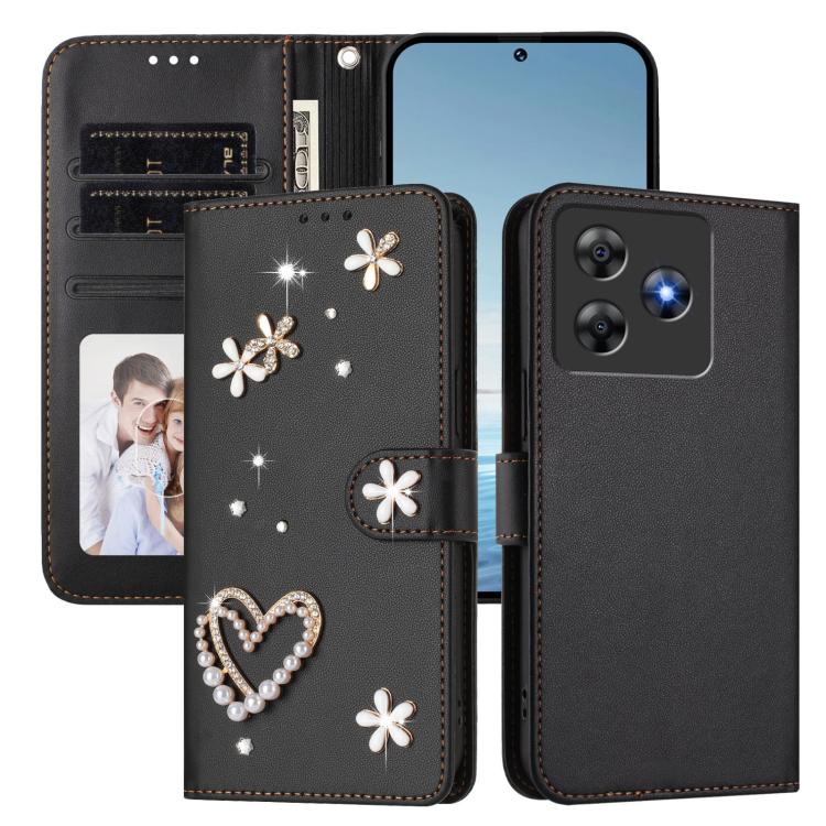 For Blackview Wave 8 / 8C ZS01 Double-Layer Heart Floral Vegan Leather Phone Case with Wrist Strap