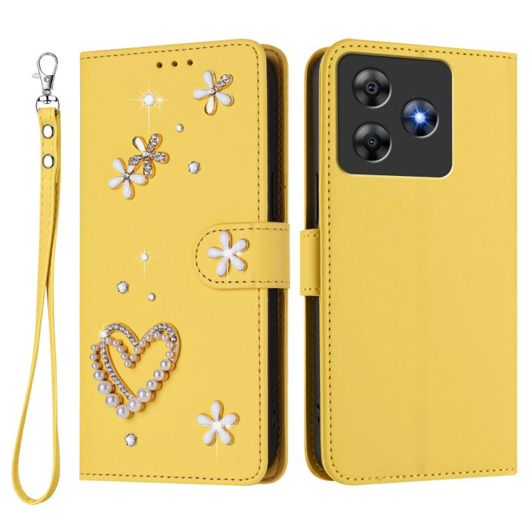 For Blackview Wave 8 / 8C ZS01 Double-Layer Heart Floral Vegan Leather Phone Case with Wrist Strap