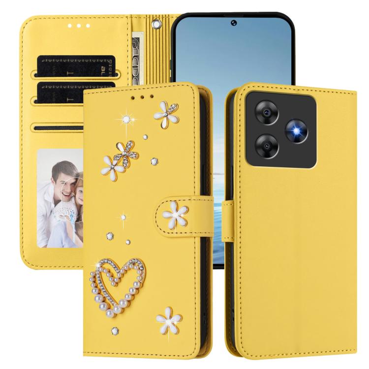 For Blackview Wave 8 / 8C ZS01 Double-Layer Heart Floral Vegan Leather Phone Case with Wrist Strap