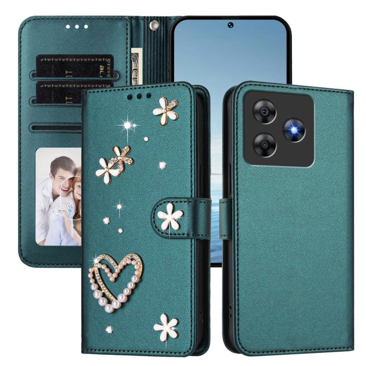 For Blackview Wave 8 / 8C ZS01 Double-Layer Heart Floral Vegan Leather Phone Case with Wrist Strap