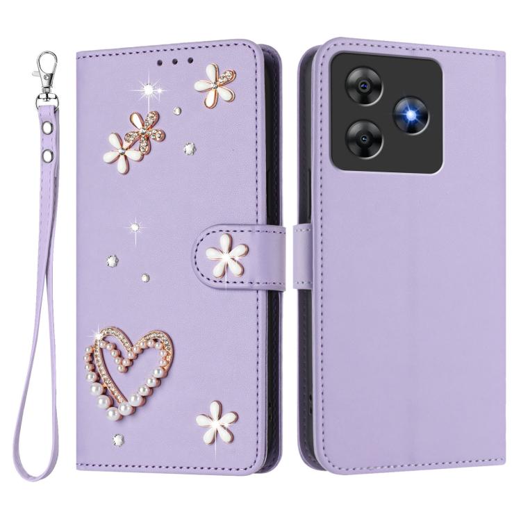 For Blackview Wave 8 / 8C ZS01 Double-Layer Heart Floral Vegan Leather Phone Case with Wrist Strap