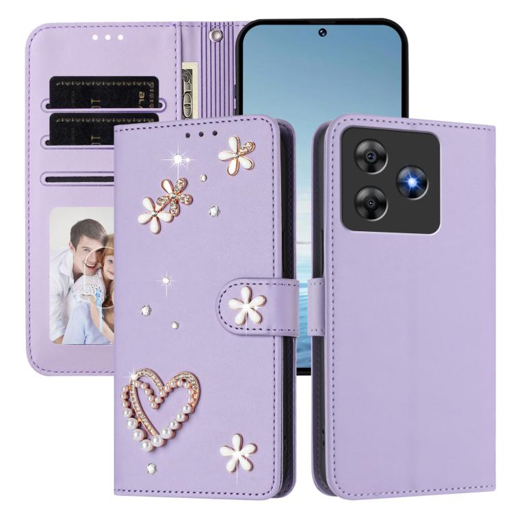 For Blackview Wave 8 / 8C ZS01 Double-Layer Heart Floral Vegan Leather Phone Case with Wrist Strap