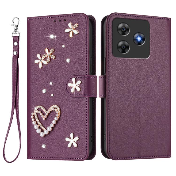 For Blackview Wave 8 / 8C ZS01 Double-Layer Heart Floral Vegan Leather Phone Case with Wrist Strap