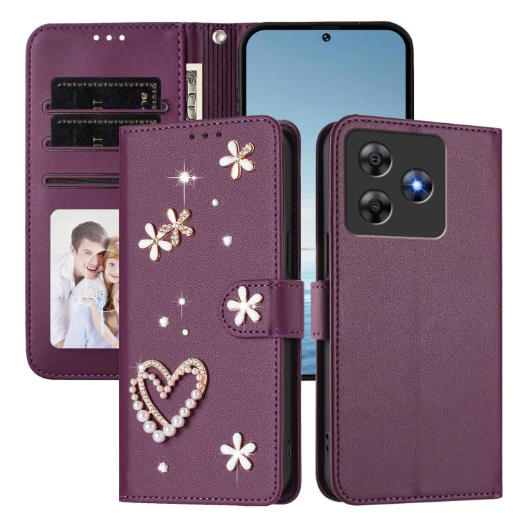 For Blackview Wave 8 / 8C ZS01 Double-Layer Heart Floral Vegan Leather Phone Case with Wrist Strap