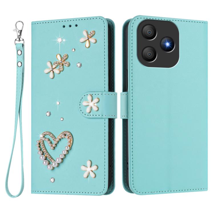 For Blackview Wave 9C ZS01 Double-Layer Heart Floral Vegan Leather Phone Case with Wrist Strap