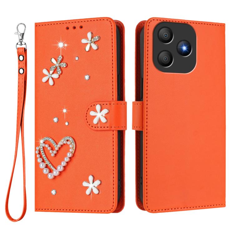 For Blackview Wave 9C ZS01 Double-Layer Heart Floral Vegan Leather Phone Case with Wrist Strap