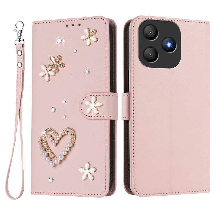 For Blackview Wave 9C ZS01 Double-Layer Heart Floral Vegan Leather Phone Case with Wrist Strap