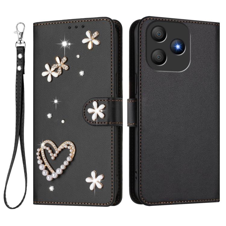 For Blackview Wave 9C ZS01 Double-Layer Heart Floral Vegan Leather Phone Case with Wrist Strap