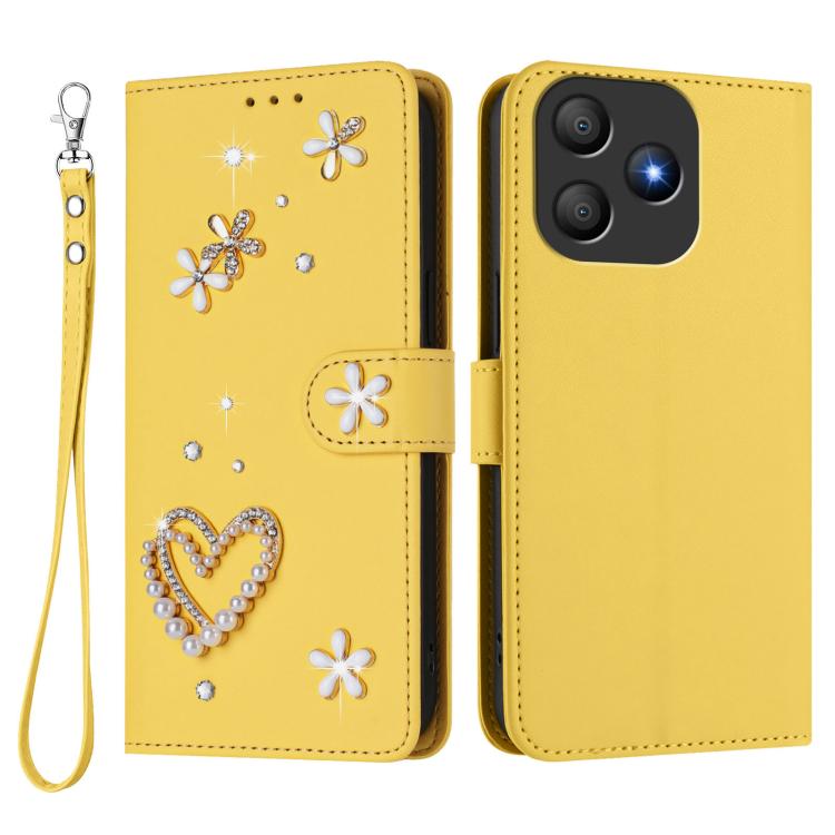 For Blackview Wave 9C ZS01 Double-Layer Heart Floral Vegan Leather Phone Case with Wrist Strap