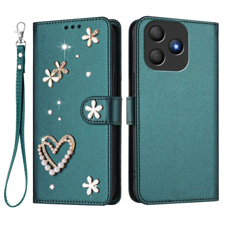 For Blackview Wave 9C ZS01 Double-Layer Heart Floral Vegan Leather Phone Case with Wrist Strap