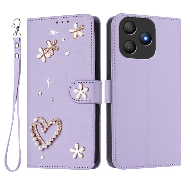 For Blackview Wave 9C ZS01 Double-Layer Heart Floral Vegan Leather Phone Case with Wrist Strap
