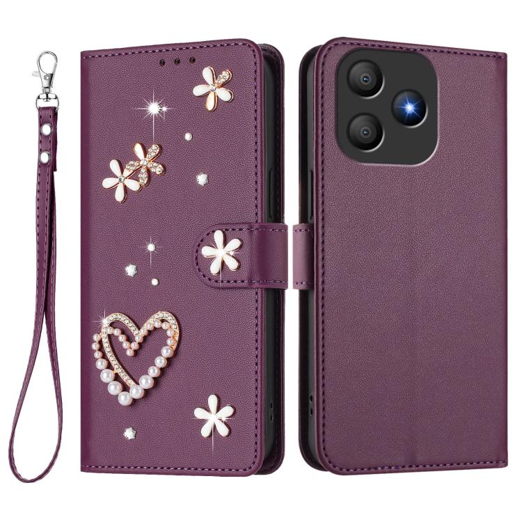 For Blackview Wave 9C ZS01 Double-Layer Heart Floral Vegan Leather Phone Case with Wrist Strap