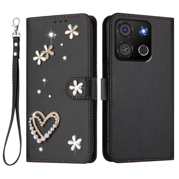 For itel A05s ZS01 Double-Layer Heart Floral Vegan Leather Phone Case with Wrist Strap