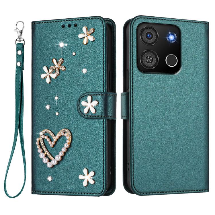 For itel A05s ZS01 Double-Layer Heart Floral Vegan Leather Phone Case with Wrist Strap