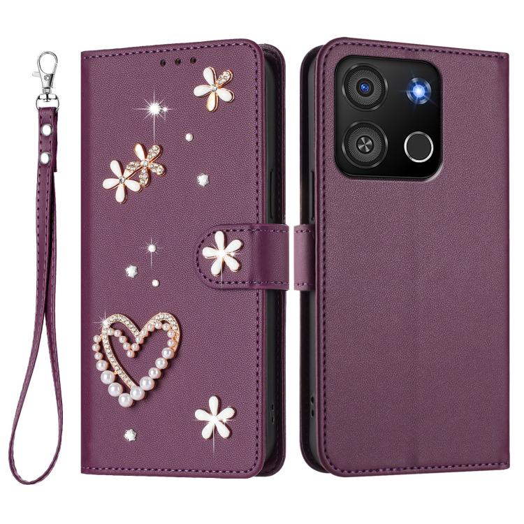 For itel A05s ZS01 Double-Layer Heart Floral Vegan Leather Phone Case with Wrist Strap