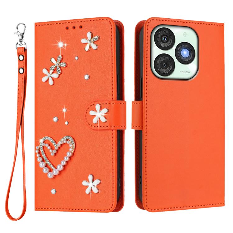 For itel A50 ZS01 Double-Layer Heart Floral Vegan Leather Phone Case with Wrist Strap