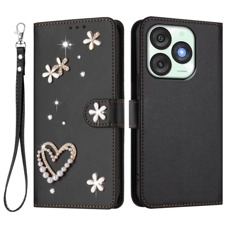 For itel A50 ZS01 Double-Layer Heart Floral Vegan Leather Phone Case with Wrist Strap