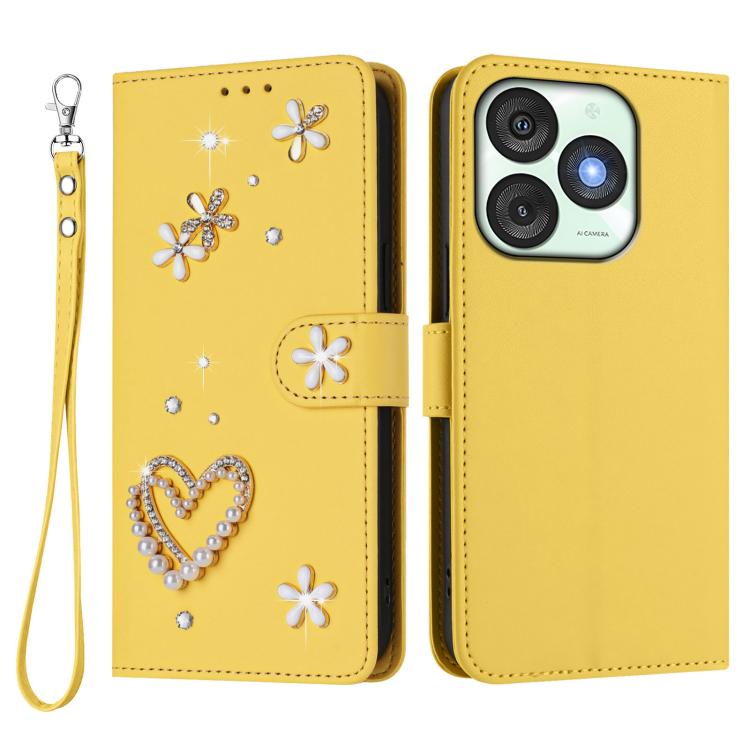 For itel A50 ZS01 Double-Layer Heart Floral Vegan Leather Phone Case with Wrist Strap