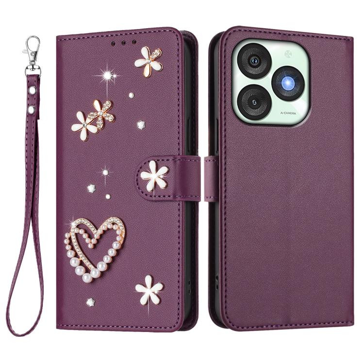 For itel A50 ZS01 Double-Layer Heart Floral Vegan Leather Phone Case with Wrist Strap