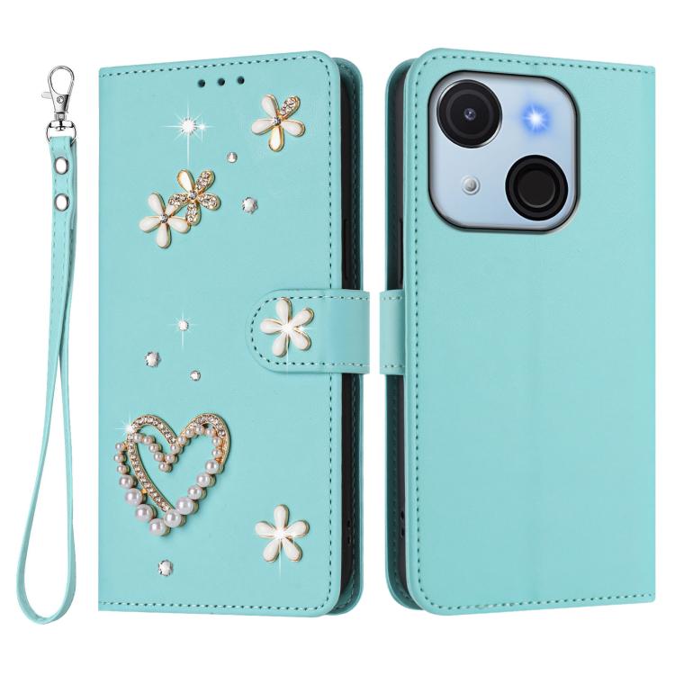 For itel A50C ZS01 Double-Layer Heart Floral Vegan Leather Phone Case with Wrist Strap