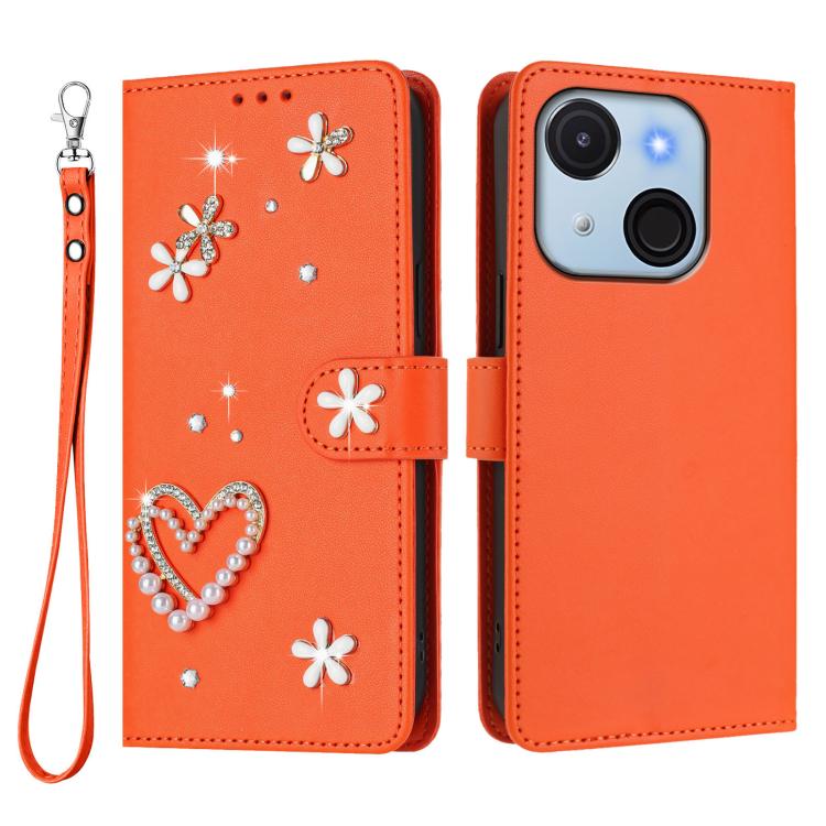 For itel A50C ZS01 Double-Layer Heart Floral Vegan Leather Phone Case with Wrist Strap