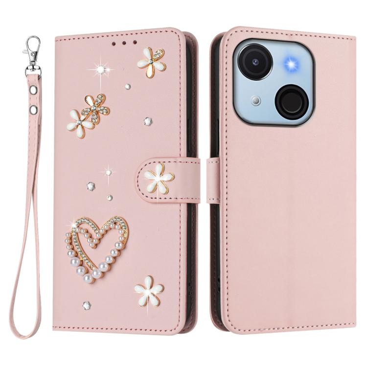 For itel A50C ZS01 Double-Layer Heart Floral Vegan Leather Phone Case with Wrist Strap