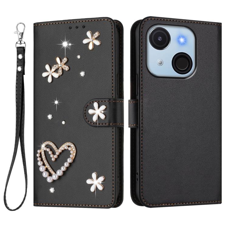 For itel A50C ZS01 Double-Layer Heart Floral Vegan Leather Phone Case with Wrist Strap