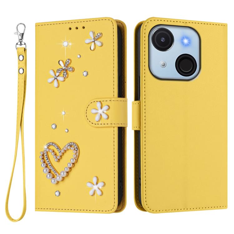 For itel A50C ZS01 Double-Layer Heart Floral Vegan Leather Phone Case with Wrist Strap