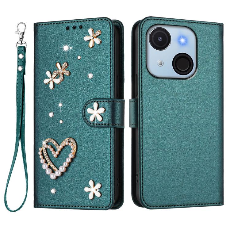 For itel A50C ZS01 Double-Layer Heart Floral Vegan Leather Phone Case with Wrist Strap